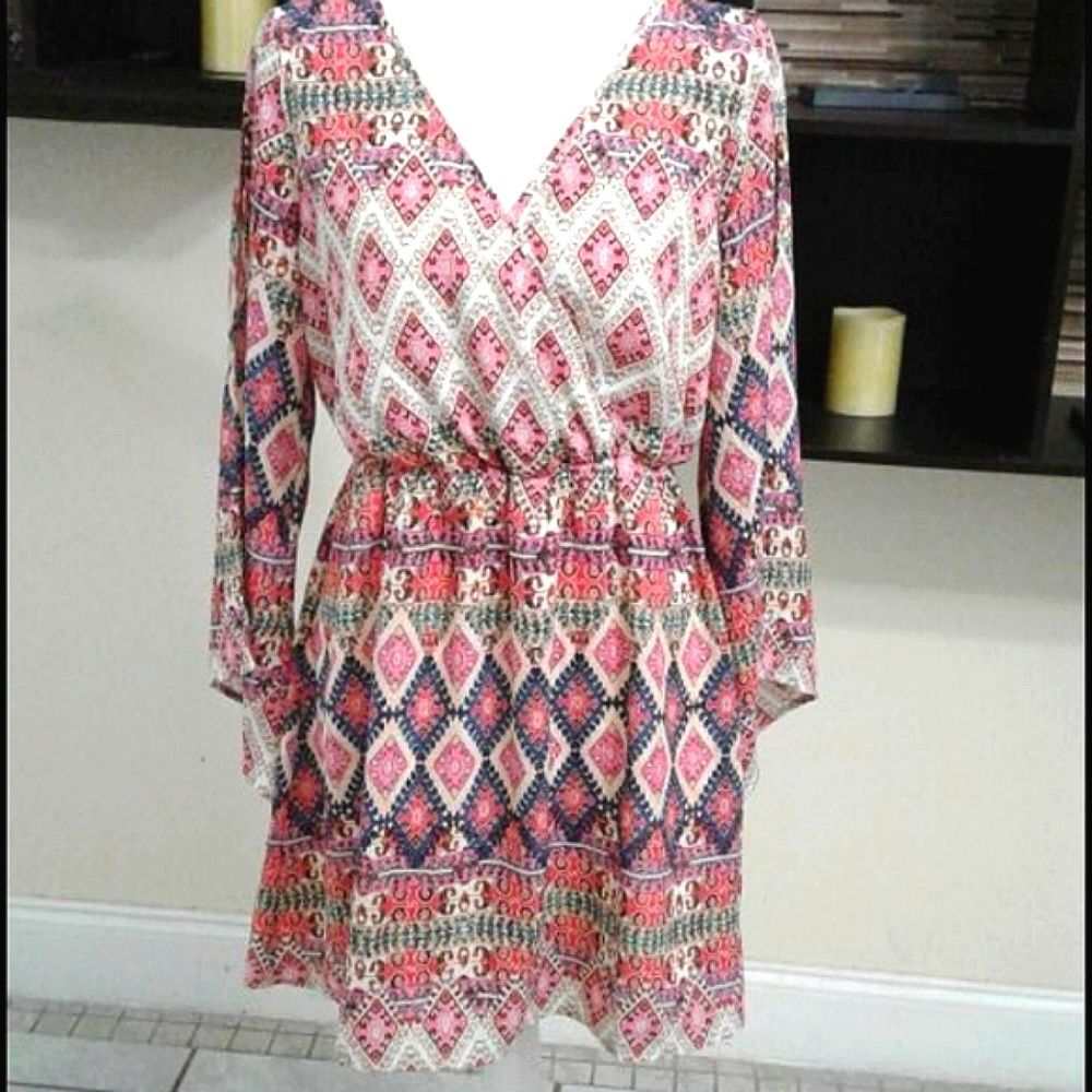 Pink Owl Cream & Pink Boho Gypsy Chic Trendy Long Sleeve Mini Dress S